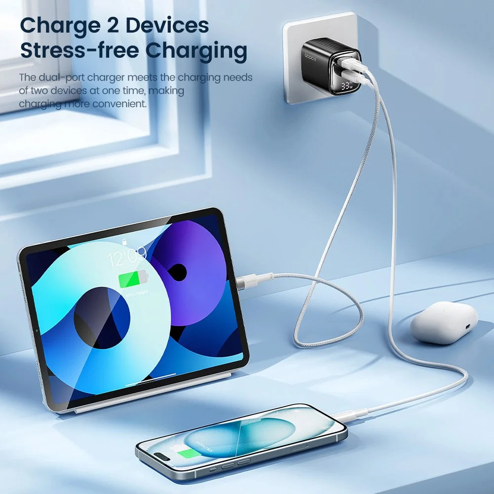 TOOCKI TCT33-22EU 33W Fast Charging Digital Display Wall Charger USB A + Type C GaN Power Adapter - 2