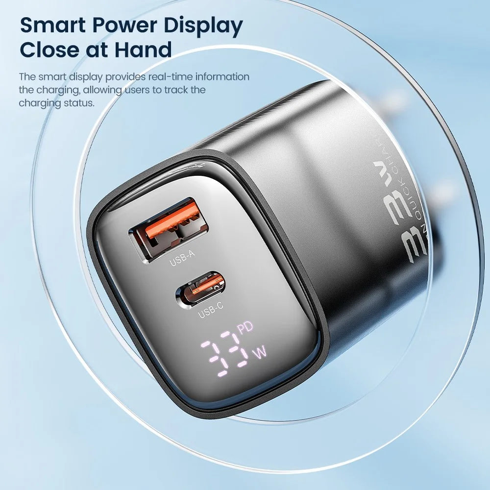 TOOCKI TCT33-22EU 33W Fast Charging Digital Display Wall Charger USB A + Type C GaN Power Adapter - 4