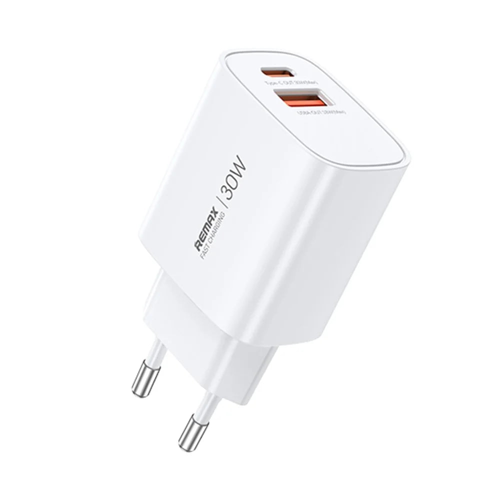 REMAX U187-AC30W GaN Fast Charging Adapter USB-A  /  Type-C Dual Port 30W PD3.0  /  QC3.0 Compatible For Multiple Devices - EU Plug - 1