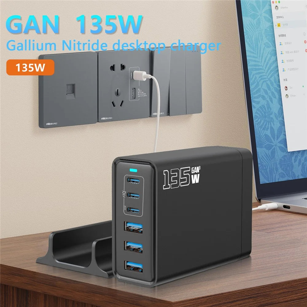 135W GaN Desktop Charger 3C+3A 6 Port Output 65W Single Type-C Port Charging Station for Phones Tablets - Black / US Plug - 2