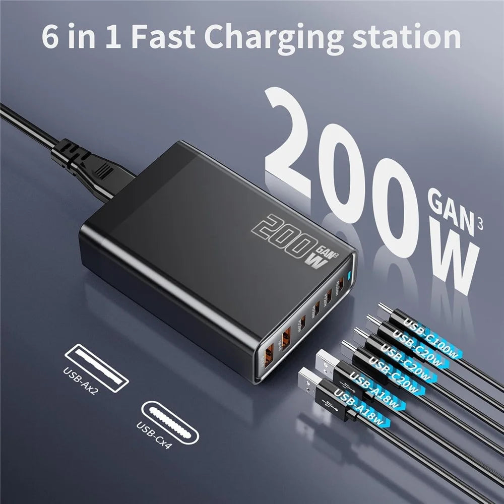 200W GaN Desktop Charger 3C+3A 6 Port Output 100W Single Type-C Port Charging Station for Phones Tablets - Black / US Plug - 2