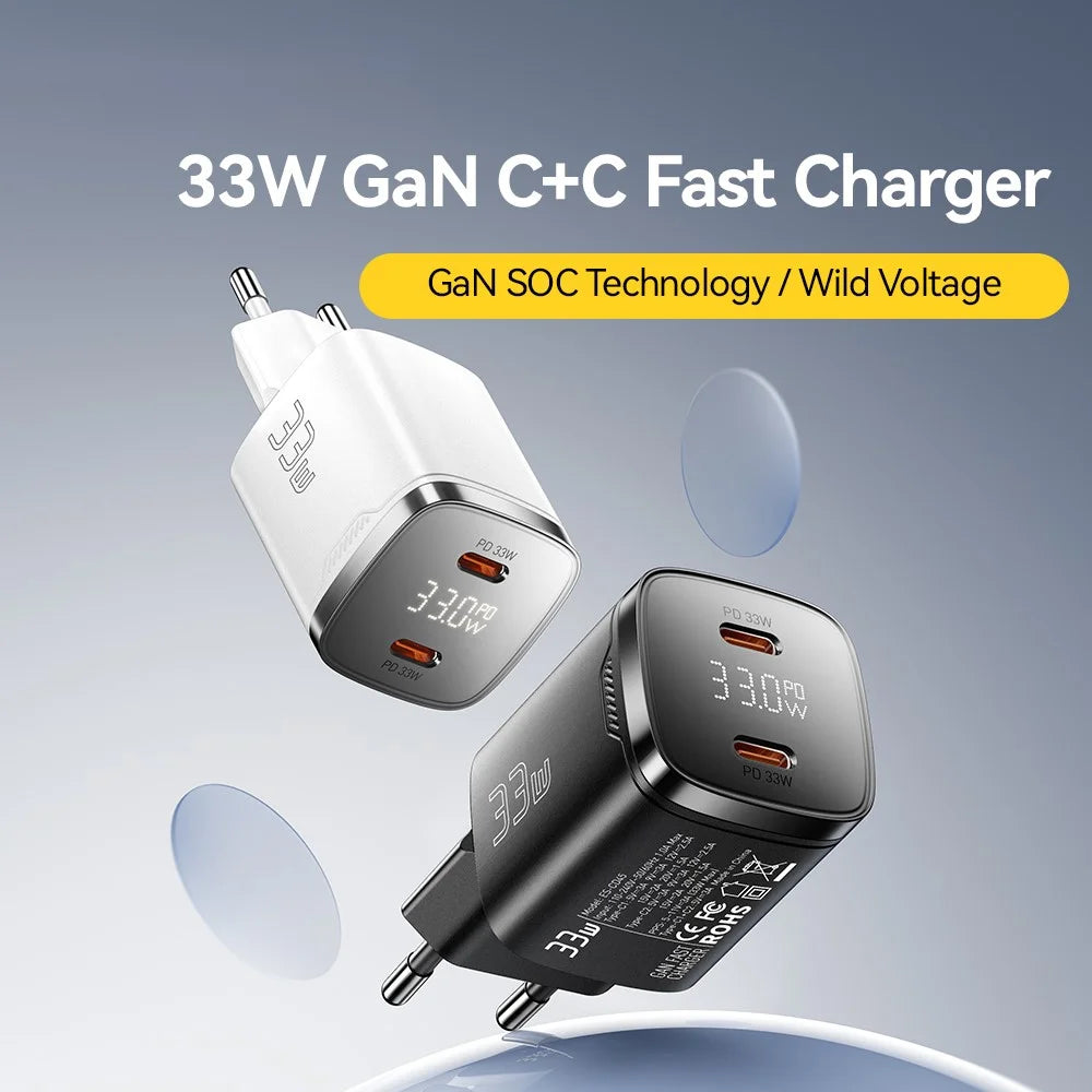 ESSAGER PD 33W GaN Dual Type-C Travel Charger with LED Display Fast Charging Compact Power Adapter - US Plug  /  Black - 4