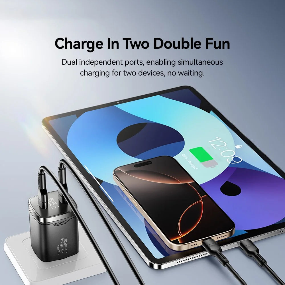 ESSAGER PD 33W GaN Dual Type-C Travel Charger with LED Display Fast Charging Compact Power Adapter - US Plug  /  Black - 7