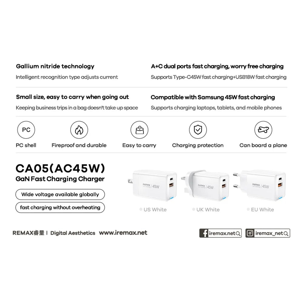 REMAX CA05 45W GaN Fast Charger USB-C USB-A Dual Port Power Adapter - EU Plug - 2