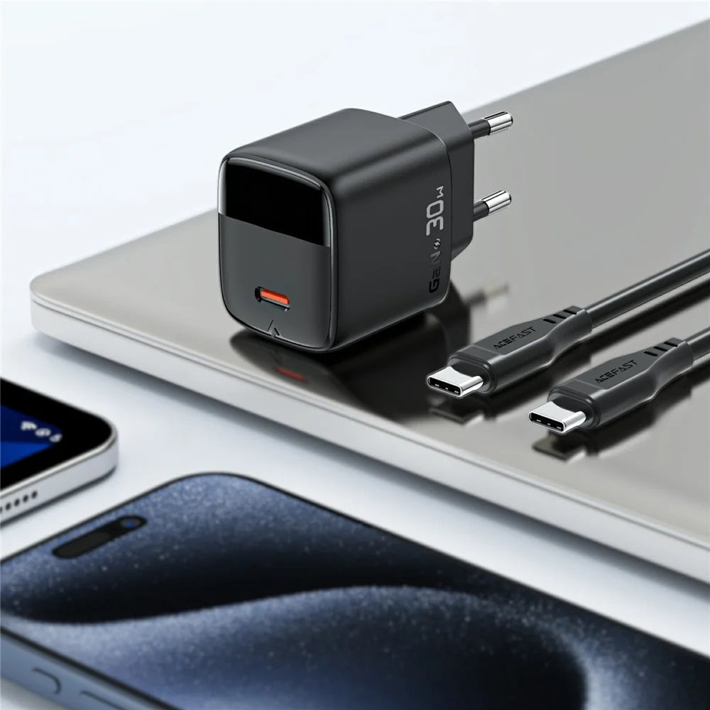 ACEFAST A115 PD 30W GaN USB-C Charger Kit with USB-C Cable LED Display Fast Charger Adapter, EU Plug - 5