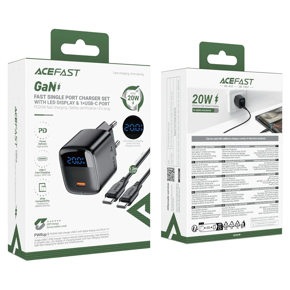 ACEFAST A113 For PD20W USB-C GaN Charger Kit LED Display Fast Charging High Efficiency Adapter - EU Plug - 6