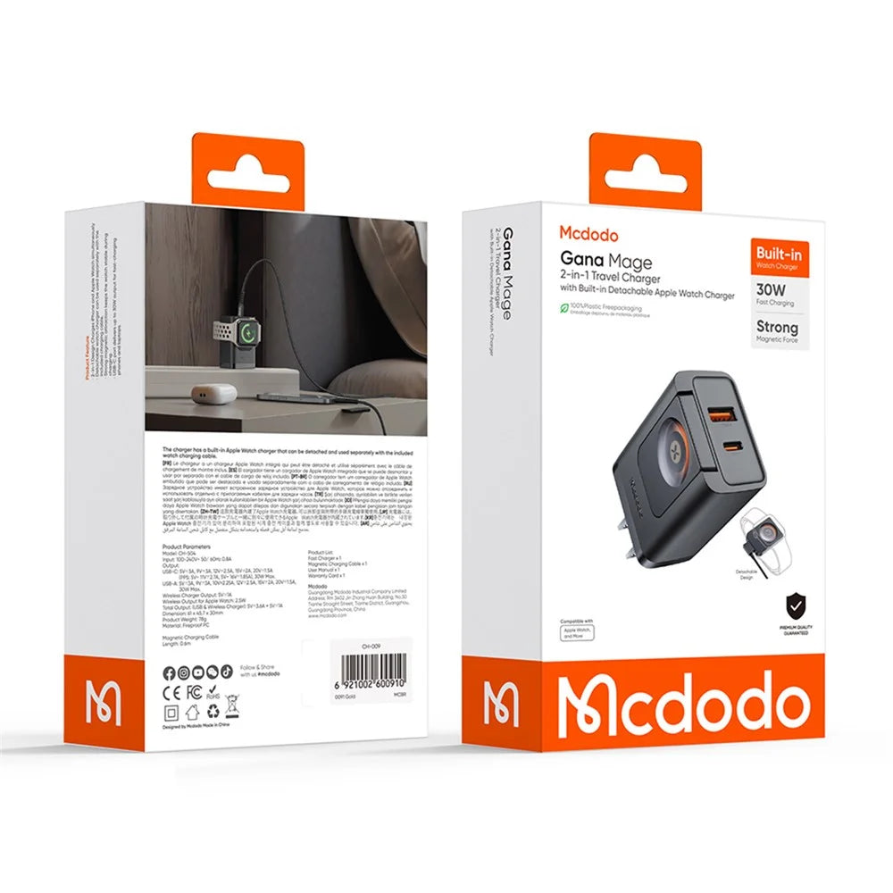 MCDODO CH-5040 MDD 2 in 1 Wall Charger with Watch Wireless Charging Portable Travel Charger 30W USB-A / USB-C - US Plug - 7