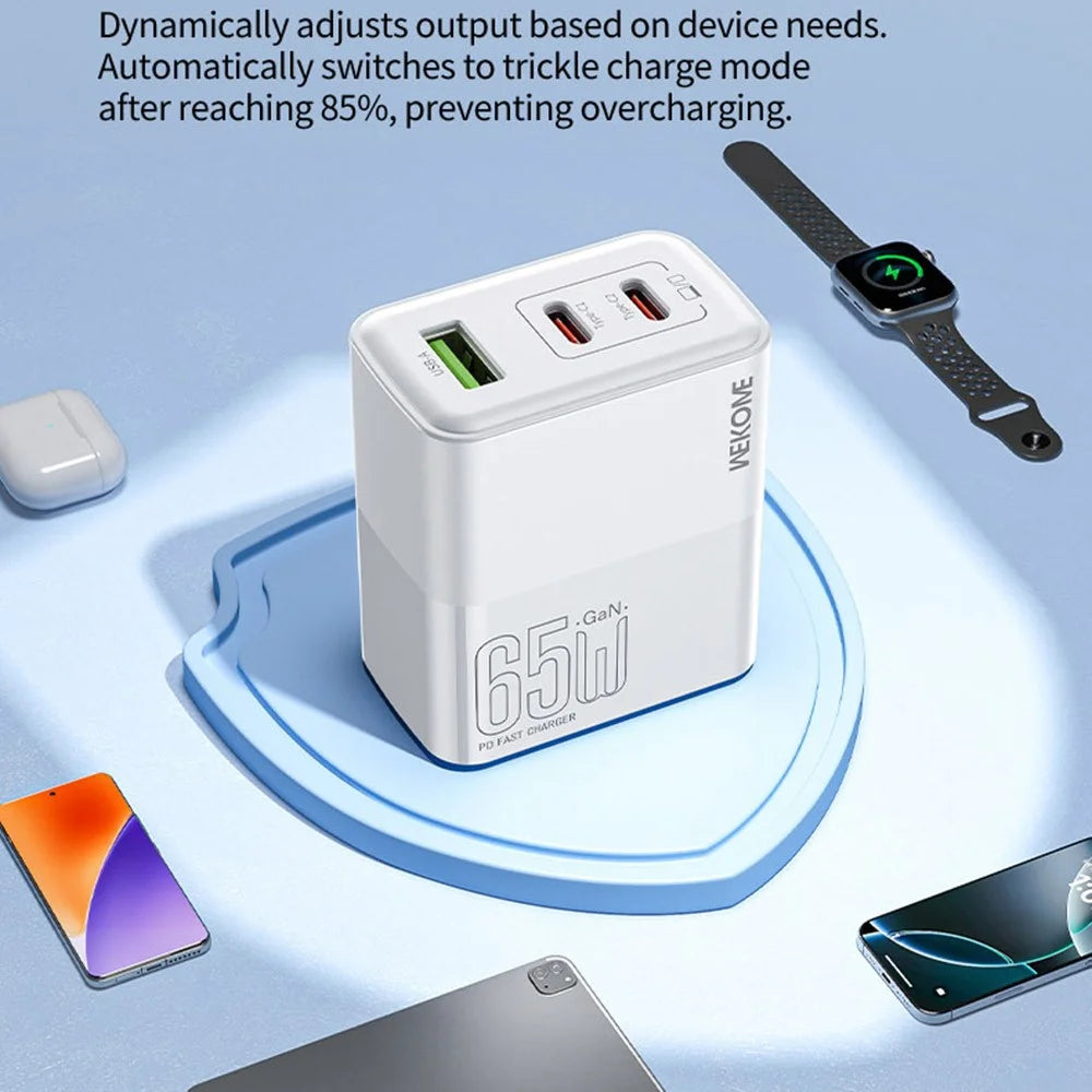 WEKOME WP-U66 PD 65W GaN Charger USB-A + Dual Type-C Ports Fast Charging Adapter - EU Plug - 6
