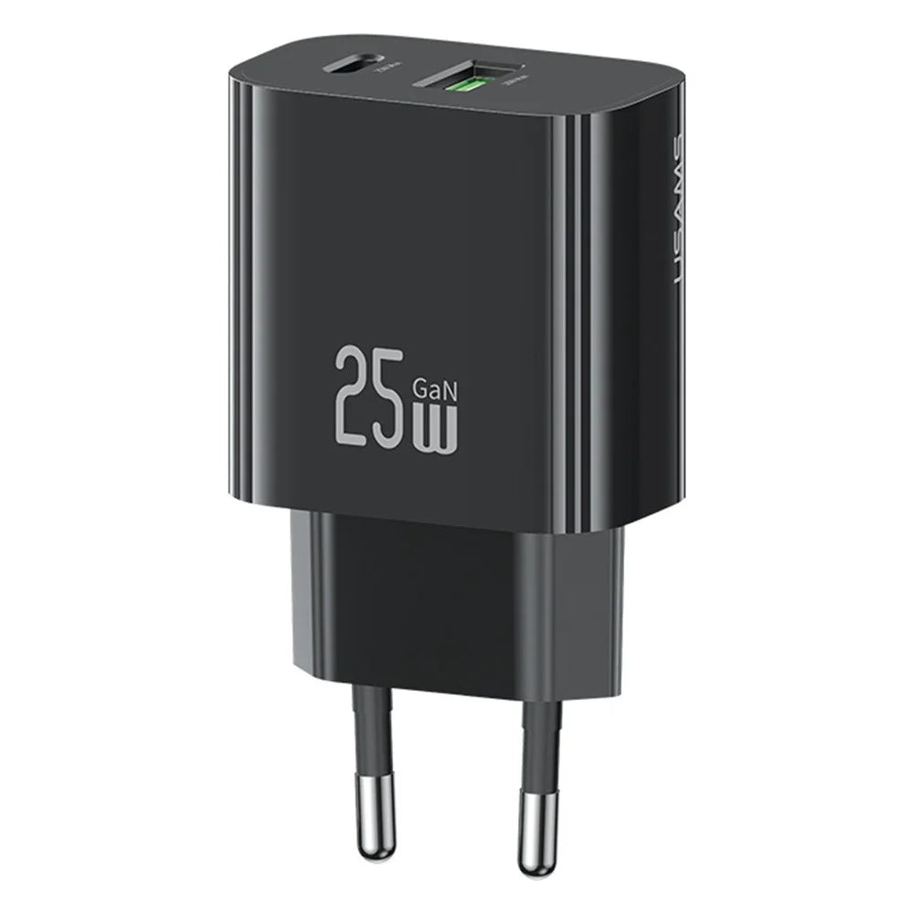 USAMS CC315 T65 25W Fast Charger for iPhone 8 - 16 Series, Dual Port USB-A + USB-C GaN Adapter - EU Plug / Black - 1