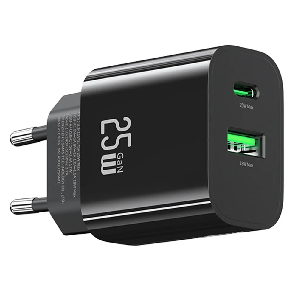 USAMS CC315 T65 25W Fast Charger for iPhone 8 - 16 Series, Dual Port USB-A + USB-C GaN Adapter - EU Plug / Black - 2
