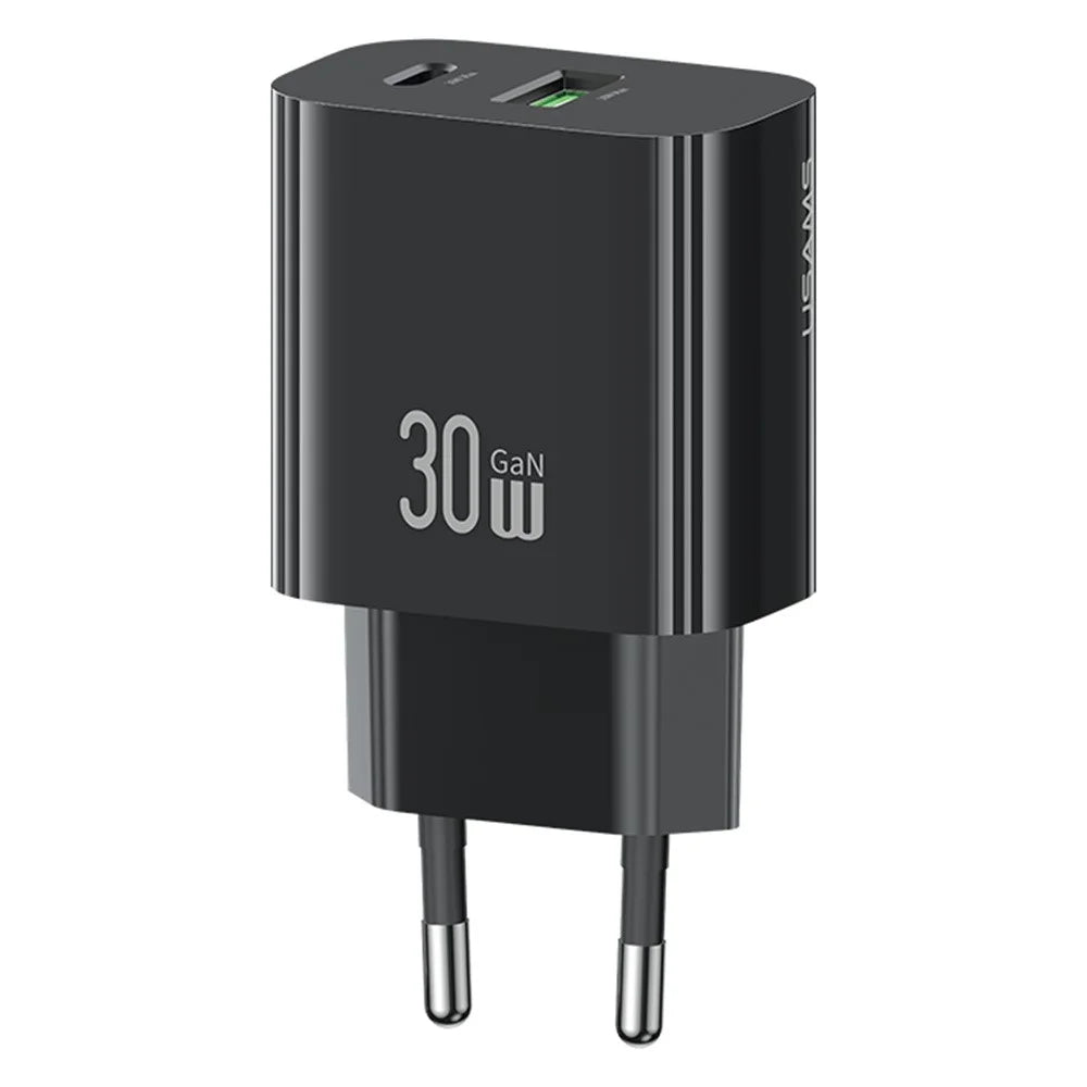 USAMS CC316 T65 30W Fast Charger for iPhone 8 - 16 Series, Dual Port USB-A + USB-C Power Adapter - EU Plug / Black - 1