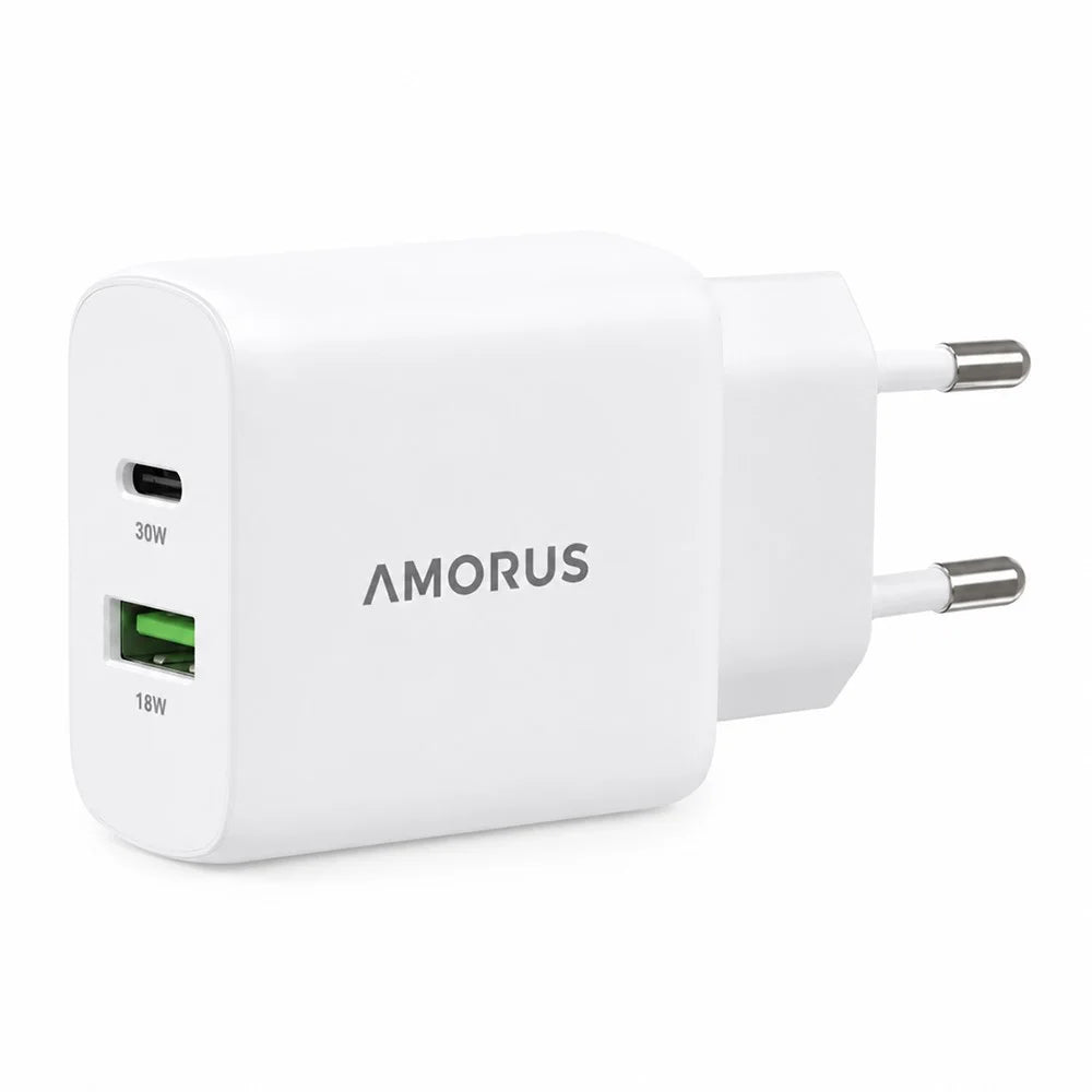 AMORUS PD 30W Type-C + QC 18W USB-A Dual Port GaN Power Adapter Fast Charging Wall Charger for Phone Tablet - EU Plug - 1