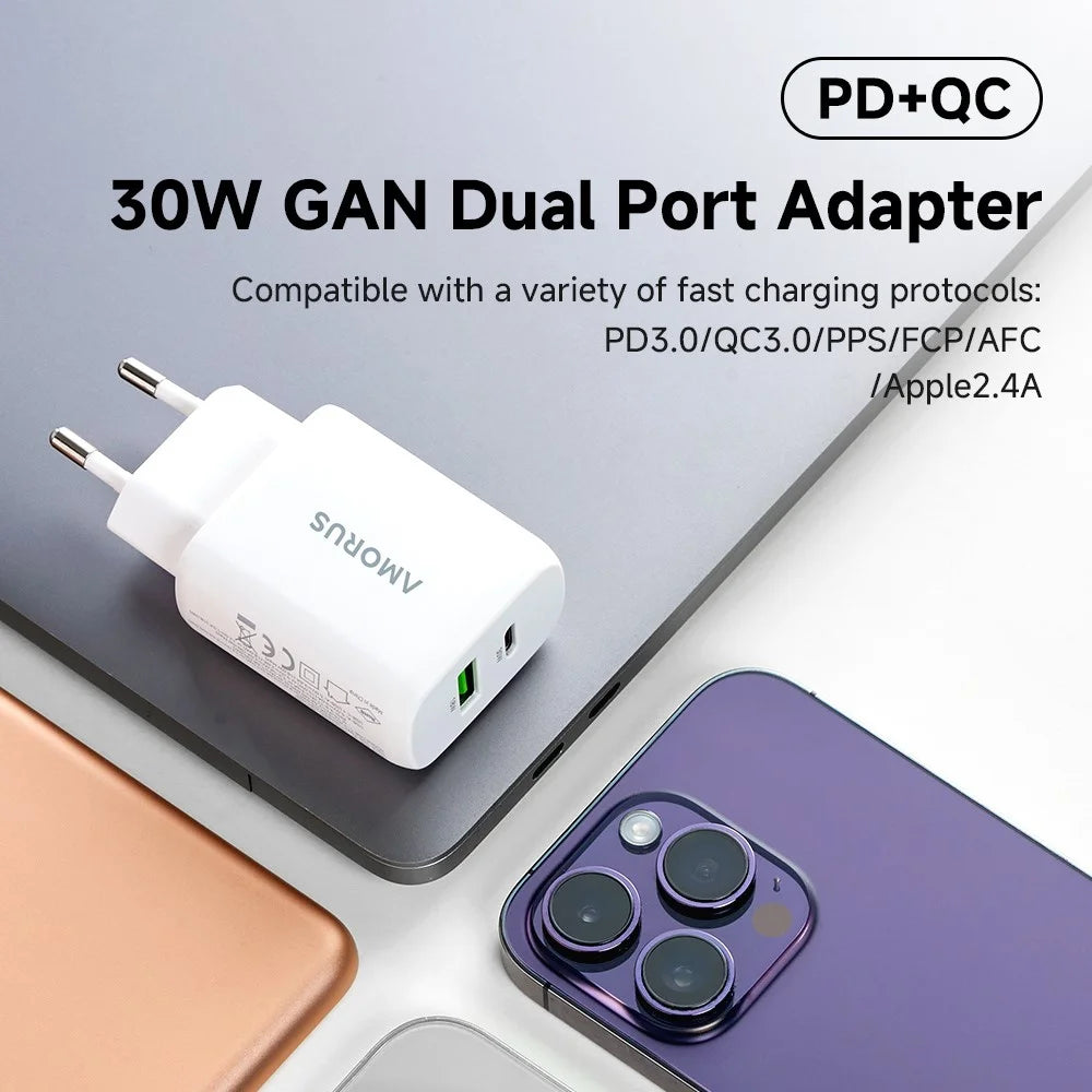 AMORUS PD 30W Type-C + QC 18W USB-A Dual Port GaN Power Adapter Fast Charging Wall Charger for Phone Tablet - EU Plug - 2