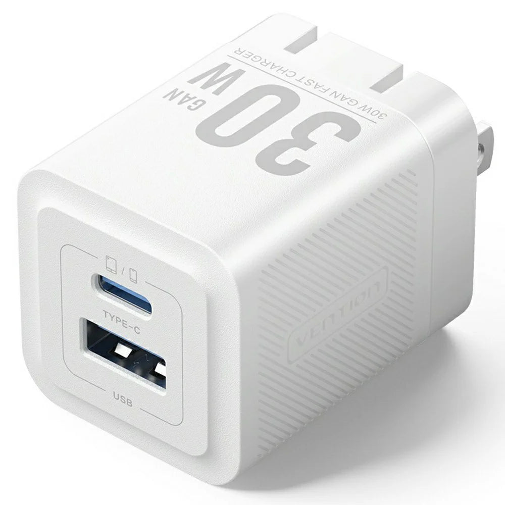 VENTION FEQ Series 30W Fast Charging Adapter USB A + Type C Dual Port GaN Charger, US Plug - White - 2