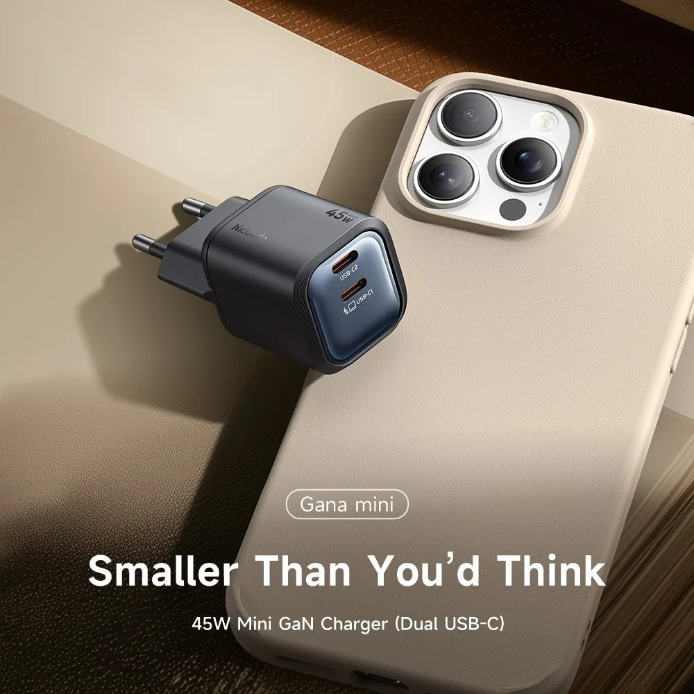 MCDODO CH-100 EU Plug 45W Ultimate Mini GaN Charger Dual USB C Fast Charging Power Adapter - Black - 2