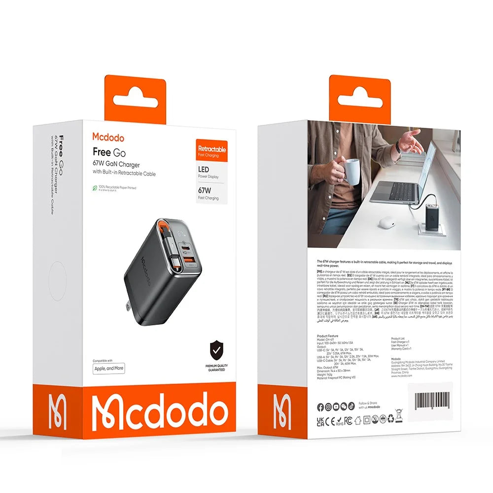 MCDODO CH-411 FreeGo 67W GaN Charger USB-C USB-A Power Adapter with Built-in Retractable Cable, US Plug - Black - 7
