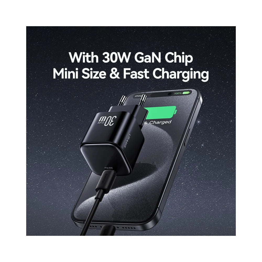 USAMS CC262 30W GaN Mini Fast Charger Type-C Port Power Adapter, EU Plug - Black - 2