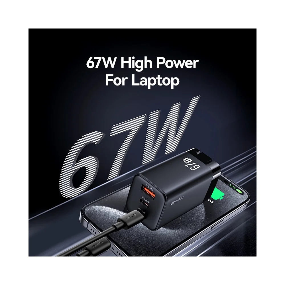 USAMS CC272 67W GaN 3-Port Fast Charger USB + 2 Type-C Phone Tablet Laptop Power Adapter, US Plug - Black - 3