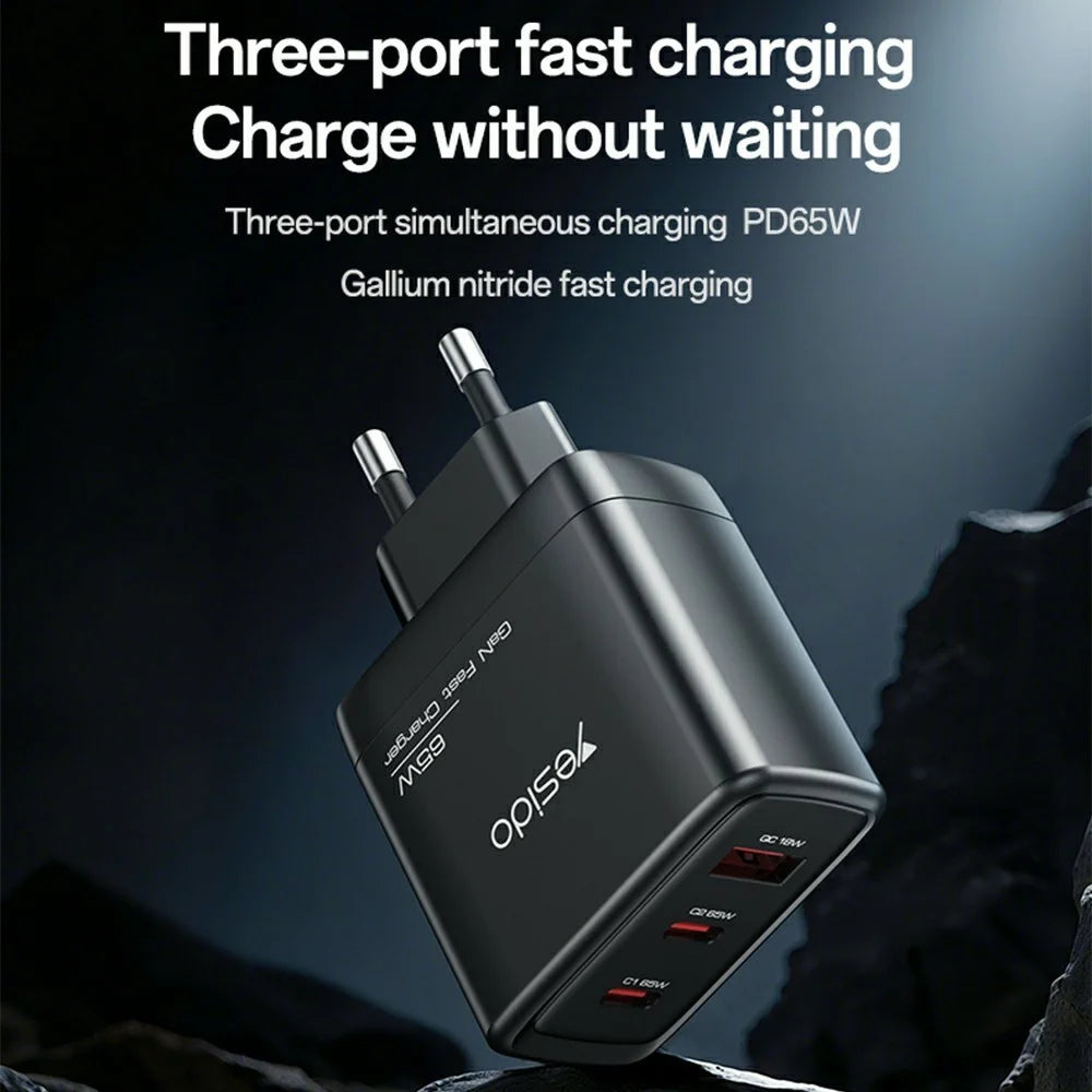 YESIDO YC144 EU Plug 65W GaN Charger 2 USB C + 1 USB A Fast Charging Adapter Multi-Protocol Compatible - 2