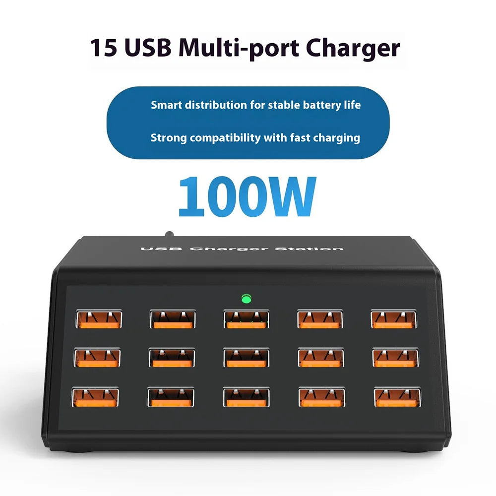 HW15 15 Multi-Port USB Charger Station PD 100W Fast Charge Adapter with Digital Display for Phone / Tablet - US Plug - 2