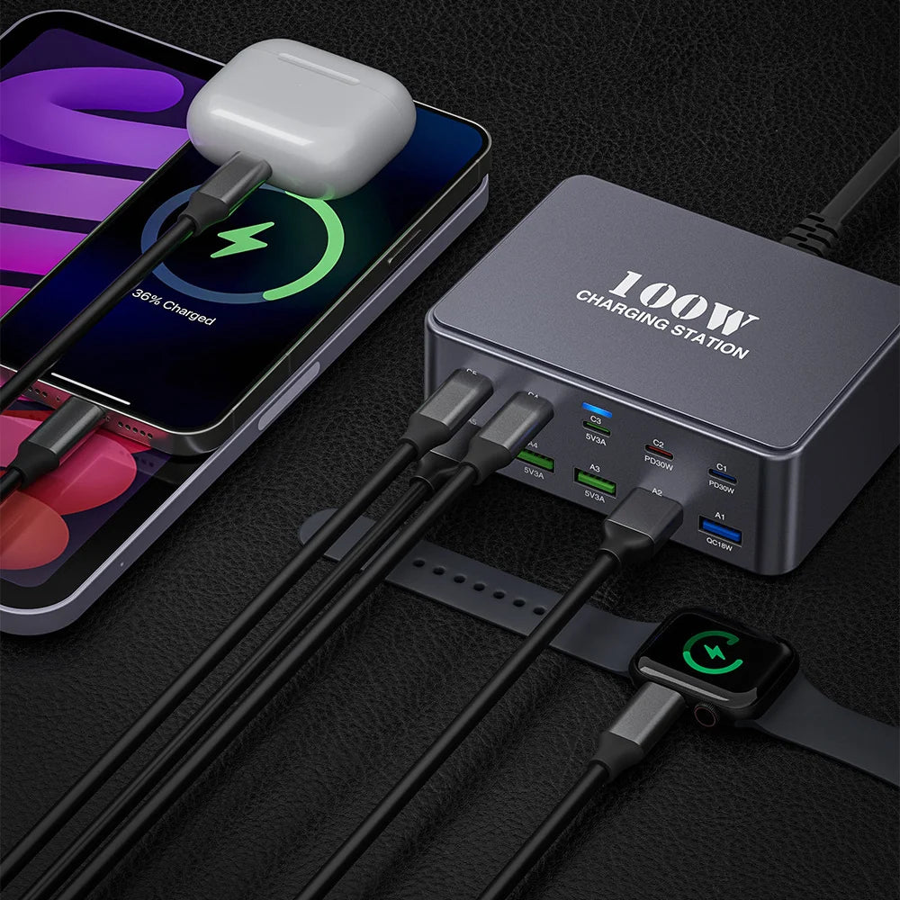 HW33 Multi-Port PD 100W Fast Charger Block USB-C Charging Station for Phones/Laptops Travel/Office - US Plug - 4