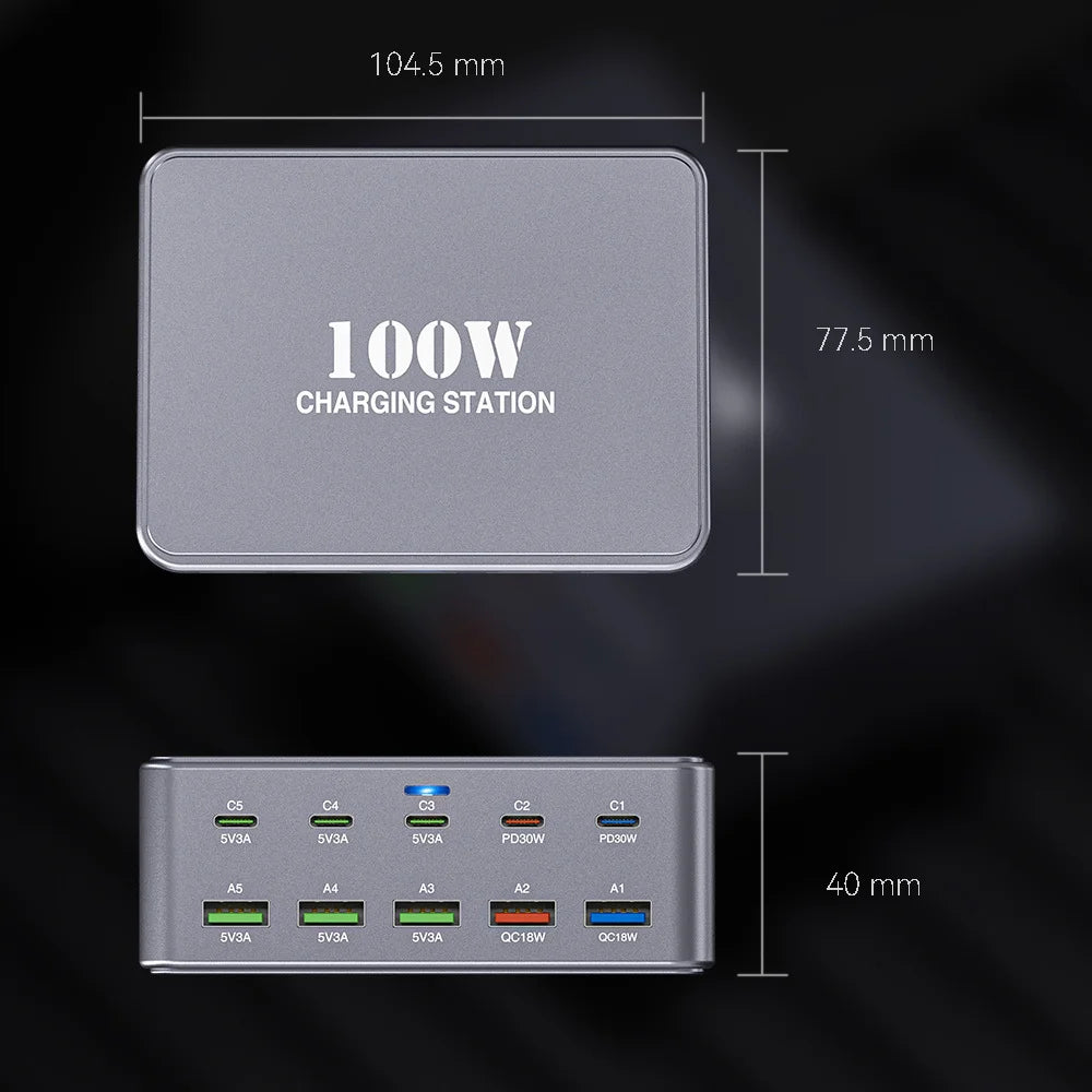 HW33 Multi-Port PD 100W Fast Charger Block USB-C Charging Station for Phones/Laptops Travel/Office - US Plug - 5