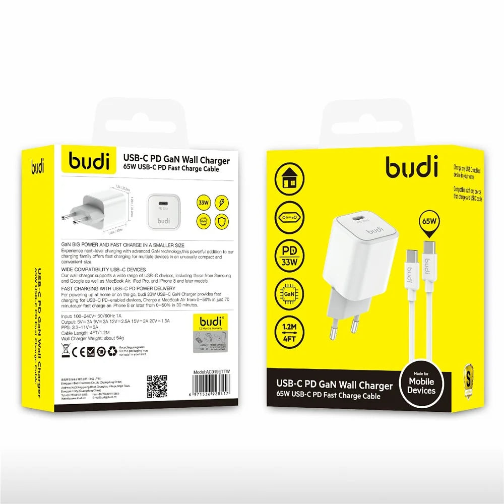 BUDI AC019ETTW 33W Travel Charger Set with 1.2m 65W Data Cable Single USB-C Port Fast Charging Power Adapter - 5