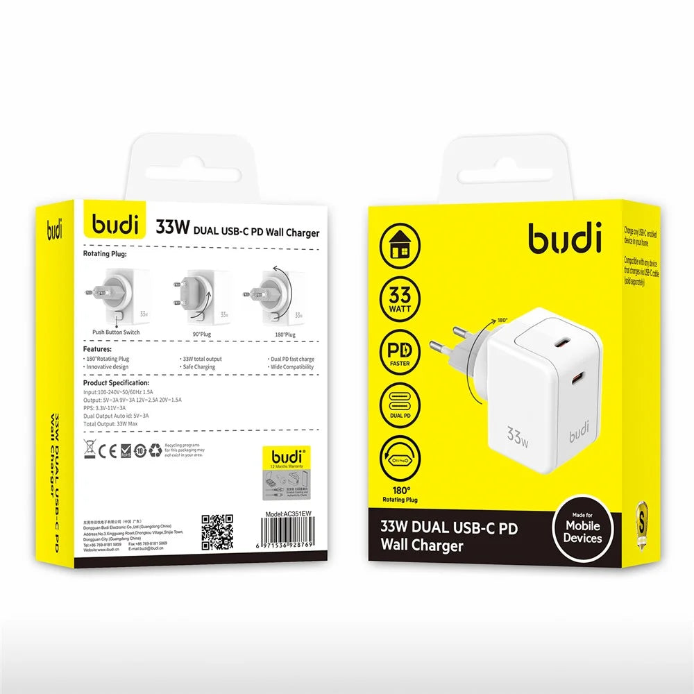 BUDI AC351EW Dual USB-C PD Wall Charger 33W Fast Charging Travel Adapter, EU Plug - 6