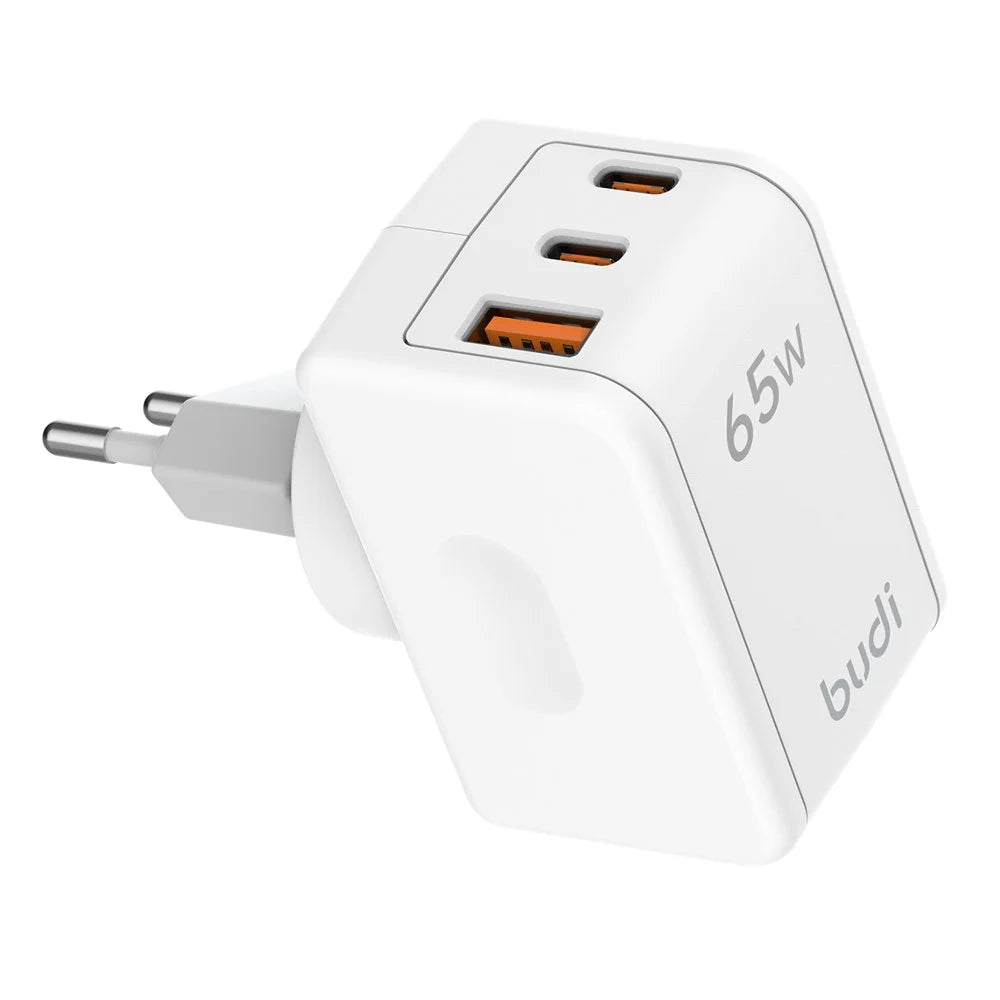 BUDI AC352EW 65W Travel Charger USB-A + 2 Type-C Wall Adapter with Rotating Plug for Laptop / Multiple Devices, EU Plug - 1