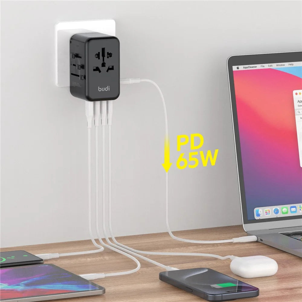 BUDI AC355B65 65W GaN Global Travel Charger 4 Type-C + USB-A Multi-Port Fast Charging Wall Charger Adapter - 2