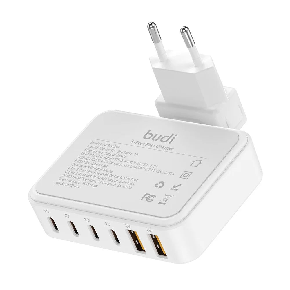 BUDI AC318EW 60W 6 Port Fast Charger 2 USB-A + 4 Type-C Travel Adapter Fast Charging with 1.5m Cable, EU Plug - 4