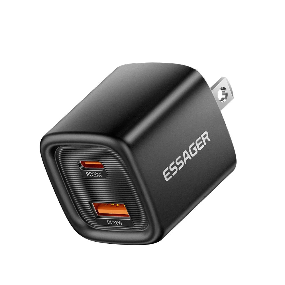 ESSAGER Max 20W Travel Charger Dual Port USB A + Type C Fast Charging Smart Temperature Control - Black  /  US Plug - 1