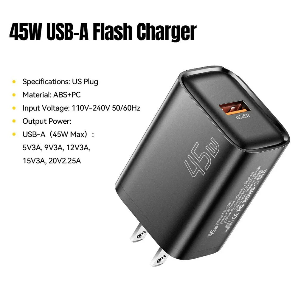 ESSAGER Max 45W USB-A Fast Charger Smart Temperature Control Power Wall Charger Adapter Portable - Black  /  US Plug - 2