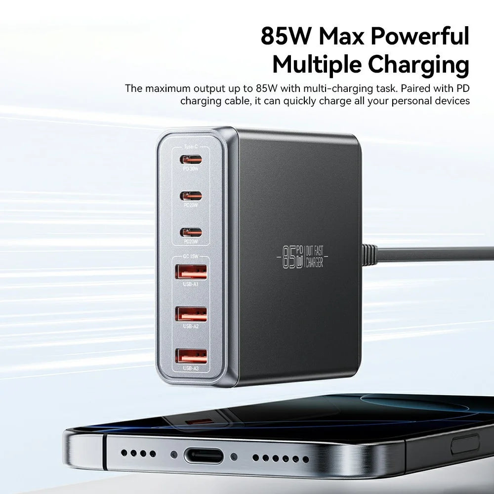 ESSAGER 85W GaN Desktop Charger 3 Type-C + 3 USB-A Multi Device Fast Charging Power Adapter - Black  /  US Plug - 4