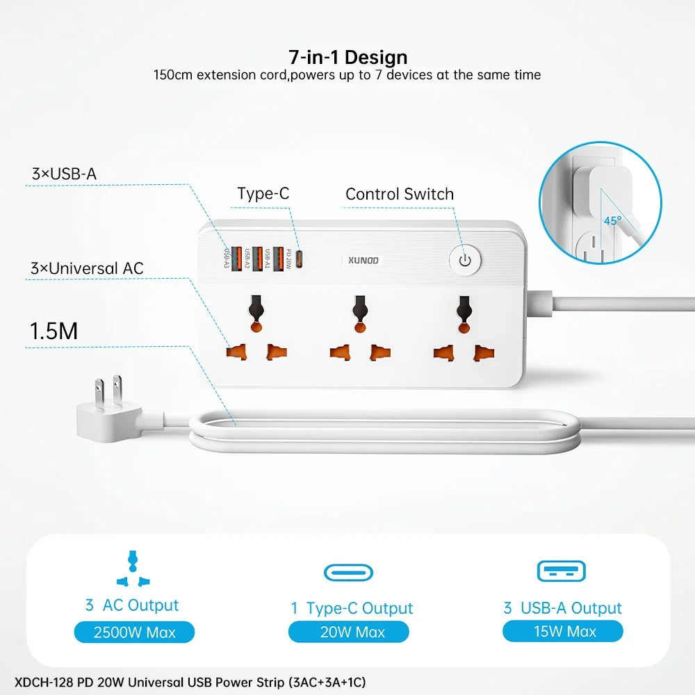 XUNDD XDCH-128 Universal USB Power Strip 7 in 1 PD 20W Fast Charging Station, 3 AC + 3 USB-A + 1 Type-C - US Plug - 4