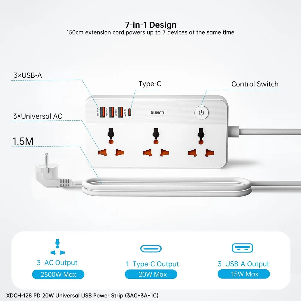 XUNDD XDCH-128 Universal USB Power Strip 7 in 1 PD 20W Fast Charging Station, 3 AC + 3 USB-A + 1 Type-C - US Plug - 5