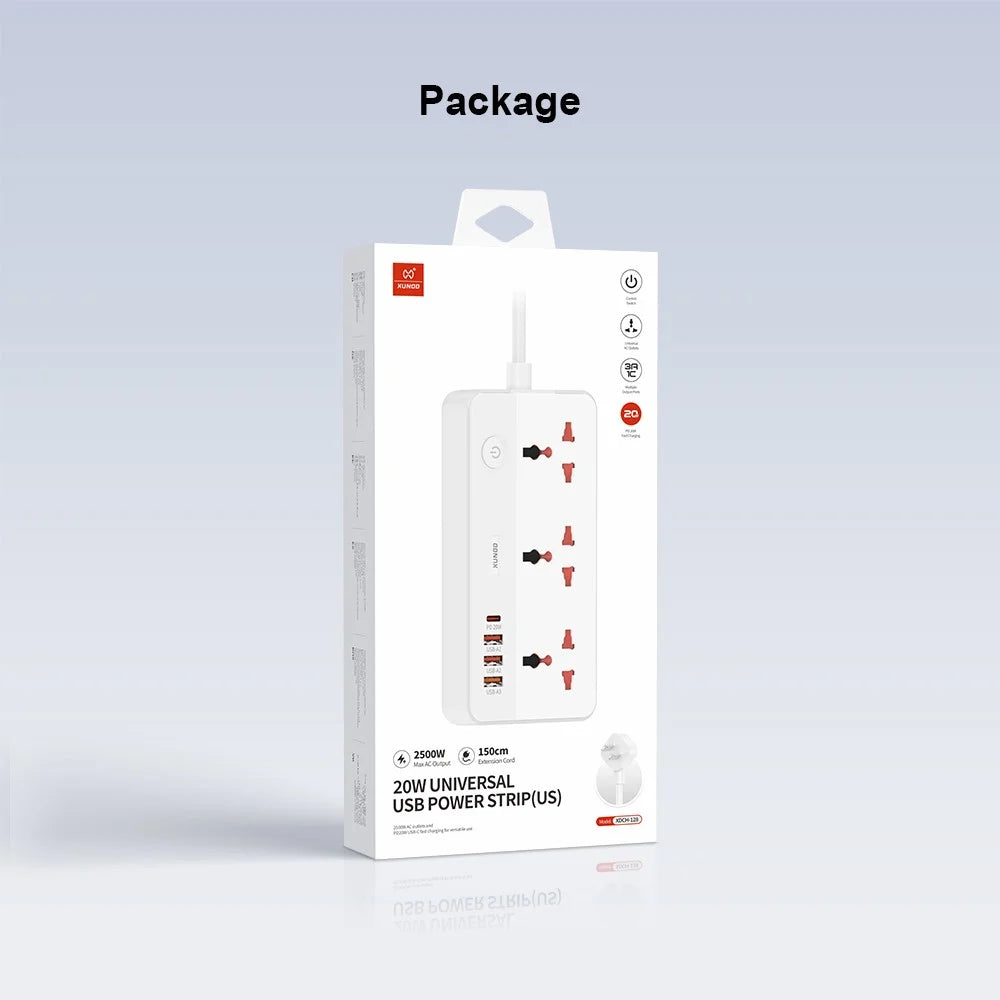 XUNDD XDCH-128 Universal USB Power Strip 7 in 1 PD 20W Fast Charging Station, 3 AC + 3 USB-A + 1 Type-C - US Plug - 7