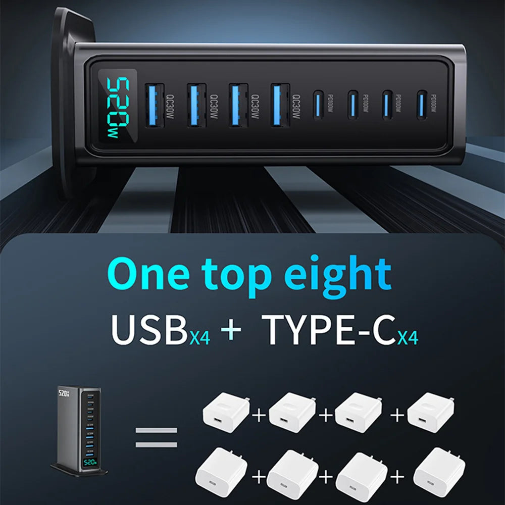 NCC666 520W Multi-Port GaN Fast Charger Intelligent Digital Display Travel Desktop Charging Station - US Plug/Silver - 5