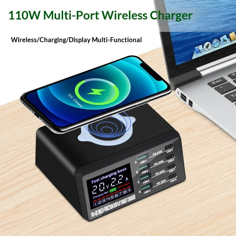WLX-X9D 8-Port Multi-function 110W Fast Charging Station with Digital Display Wireless Charger - US Plug - 3