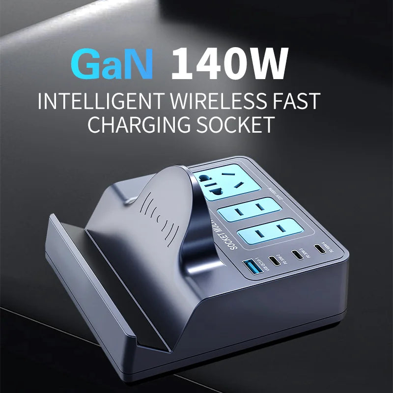 WLX-H12 140W Smart Wireless Charging Power Strip GaN PD Fast Charger Multi-Port Charging Station - US Plug - 2