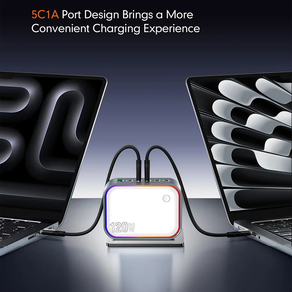 WLX-P 120W 6-Port Desktop Charging Station Portable GaN Fast Charger with Foldable Plug - Grey+White/US Plug - 2