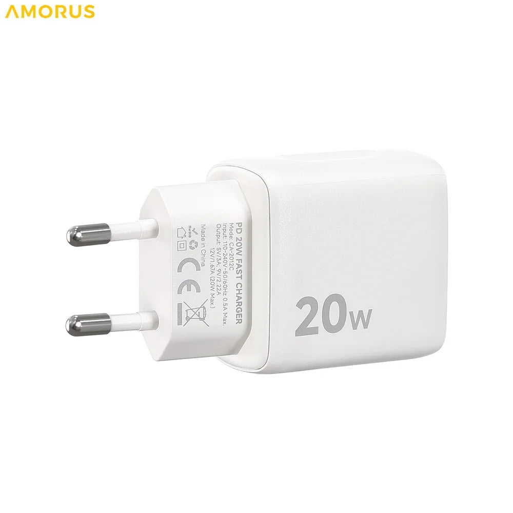 AMORUS PD 20W Type-C Fast Charging Wall Charger for Smartphone / Tablet / Laptop USB-C Power Adapter, EU Plug - White - 2