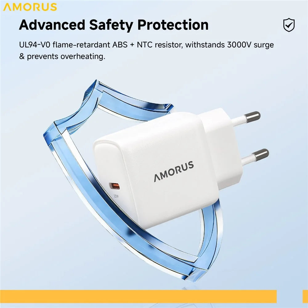 AMORUS PD 20W Type-C Fast Charging Wall Charger for Smartphone / Tablet / Laptop USB-C Power Adapter, EU Plug - White - 6