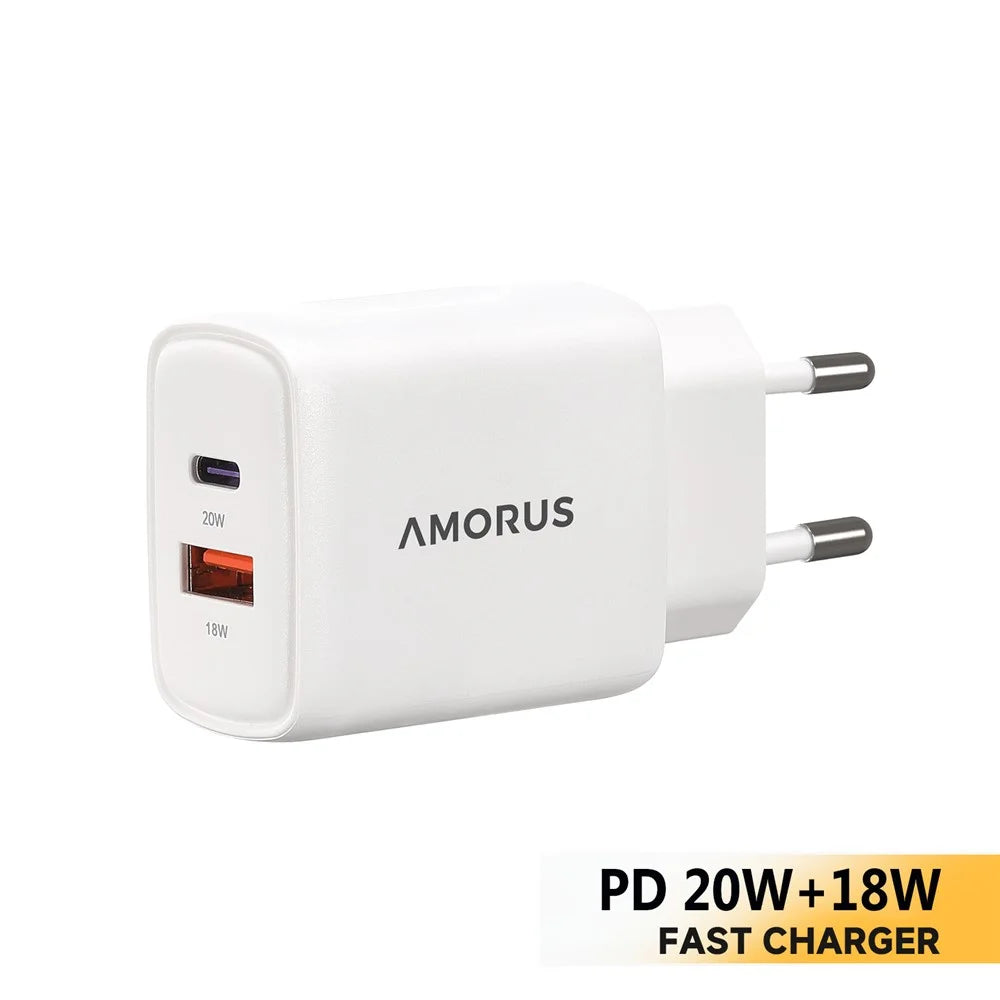 AMORUS PD 20W USB-C + 18W USB-A Fast Charging Wall Charger Dual Port Smart Power Adapter, EU Plug - White - 1