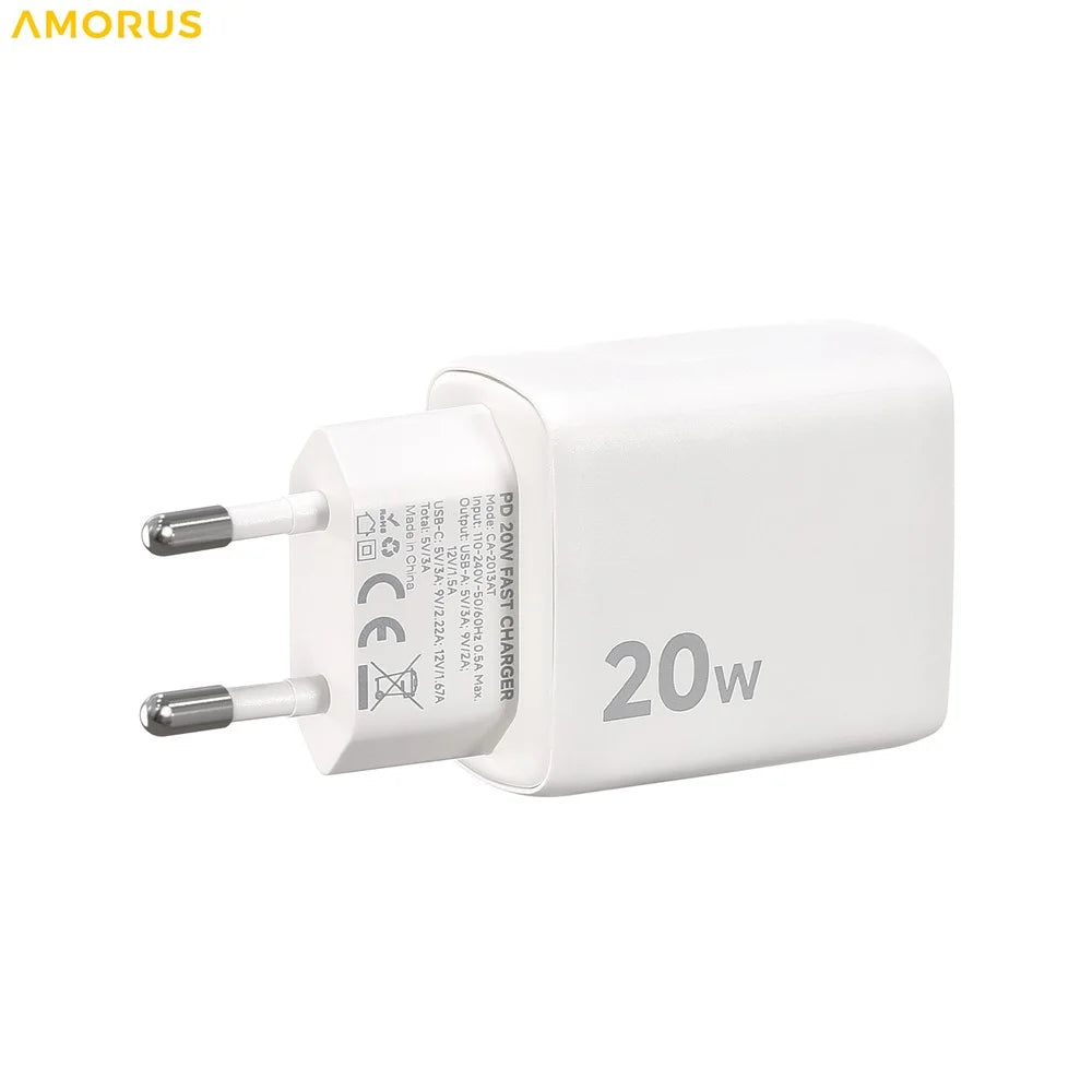 AMORUS PD 20W USB-C + 18W USB-A Fast Charging Wall Charger Dual Port Smart Power Adapter, EU Plug - White - 2