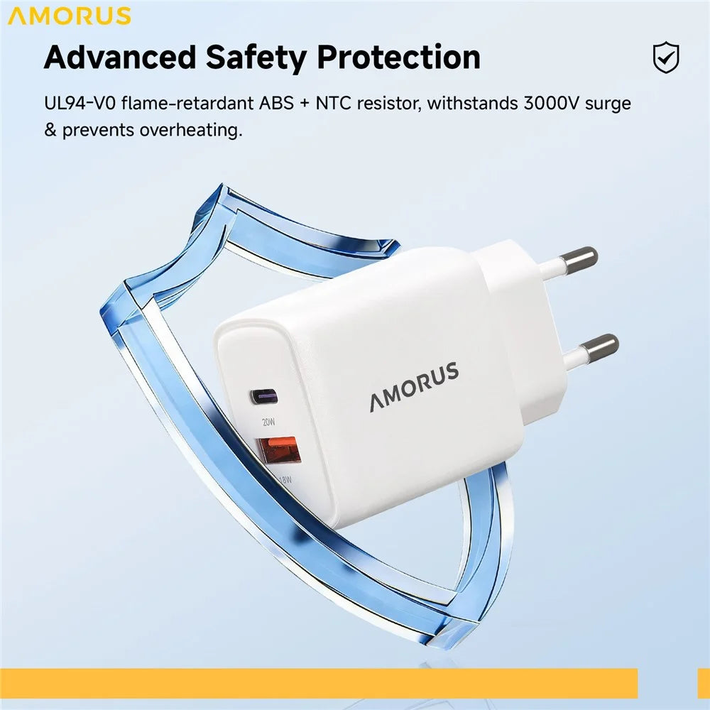 AMORUS PD 20W USB-C + 18W USB-A Fast Charging Wall Charger Dual Port Smart Power Adapter, EU Plug - White - 6