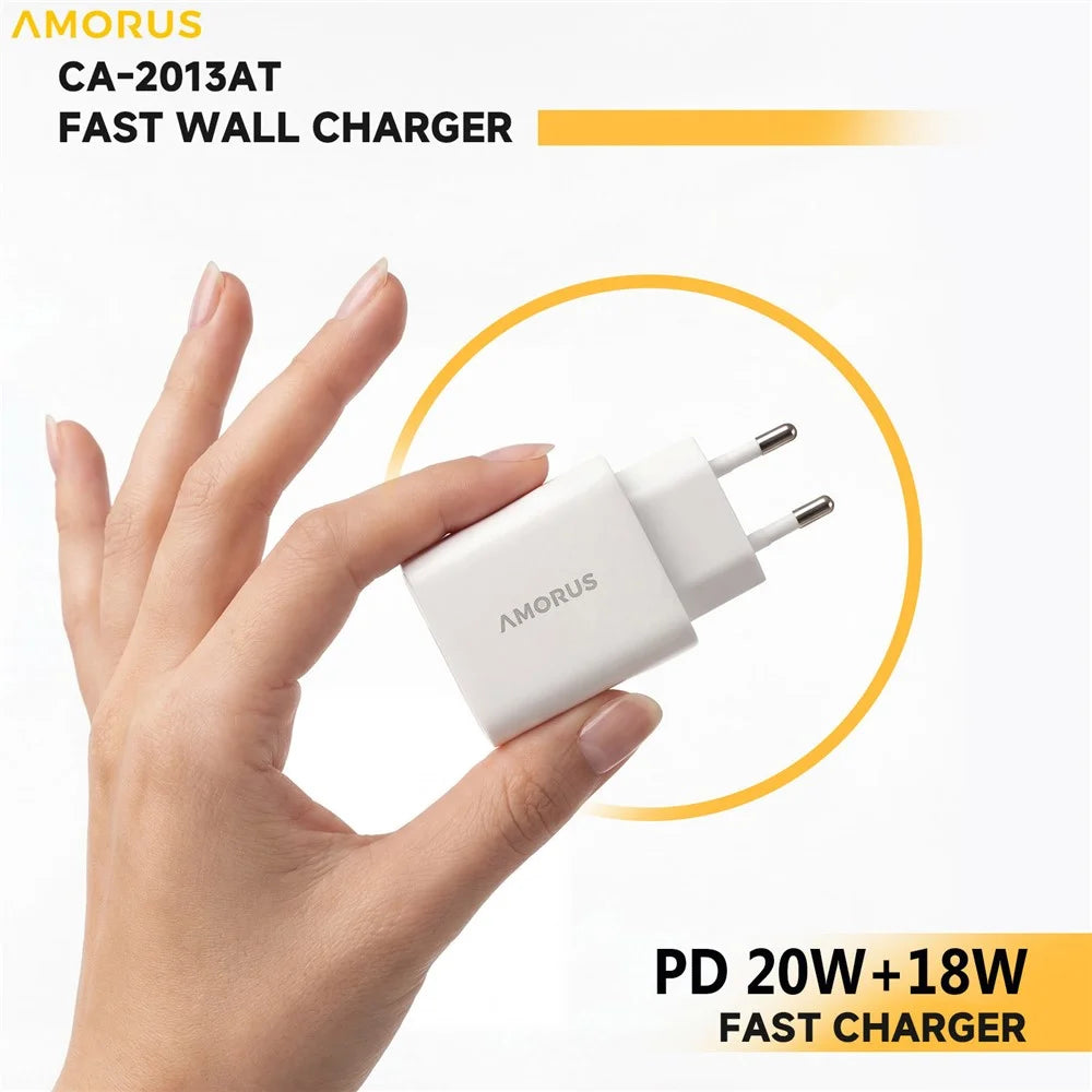 AMORUS PD 20W USB-C + 18W USB-A Fast Charging Wall Charger Dual Port Smart Power Adapter, EU Plug - White - 7