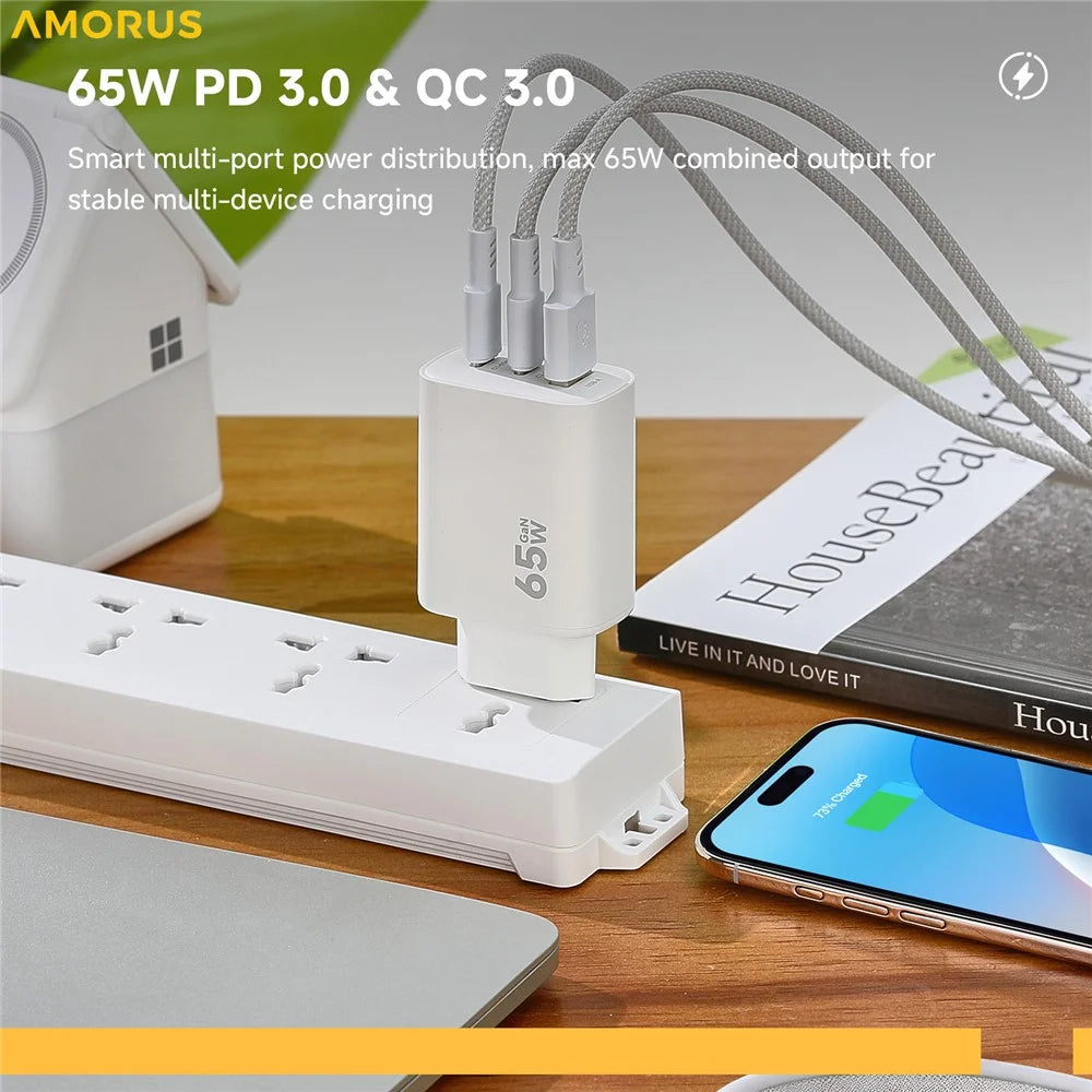 AMORUS PD 65W Fast Charging Wall Charger USB-A + Dual Type-C GaN Power Adapter for Laptop / Smartphone / Tablet, EU Plug - White - 5