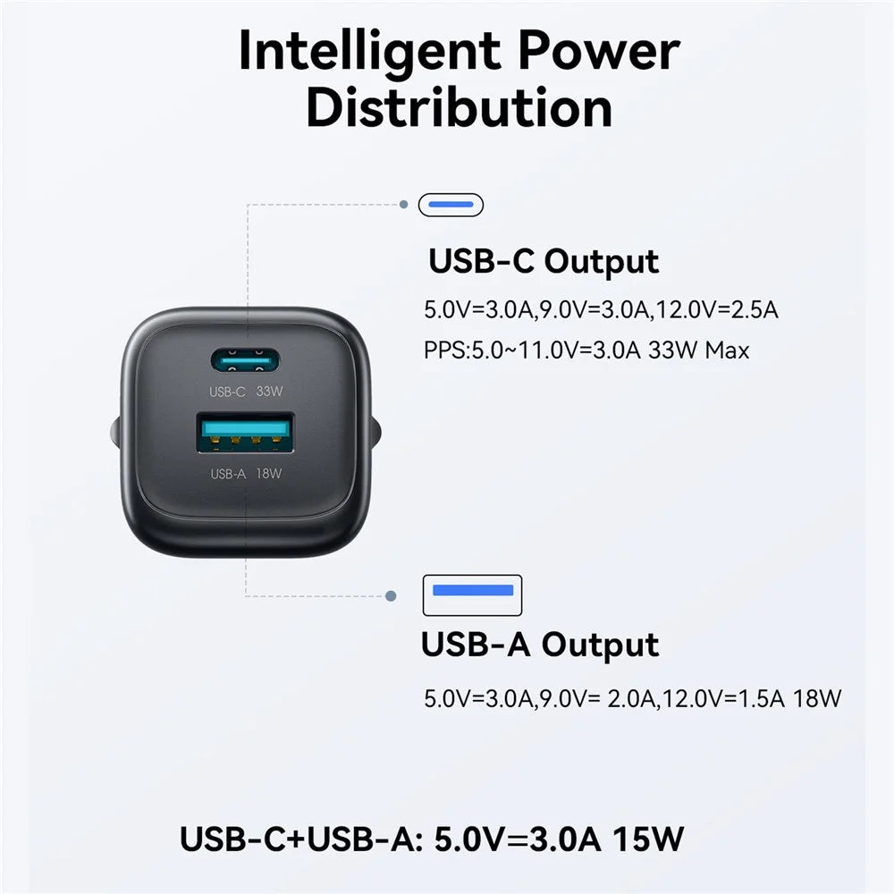 JOYROOM JR-TG7 PD QC3.0 30W Fast Charger USB-C + USB-A Dual Port Power Adapter for Phone Tablet - EU Plug / Black - 2