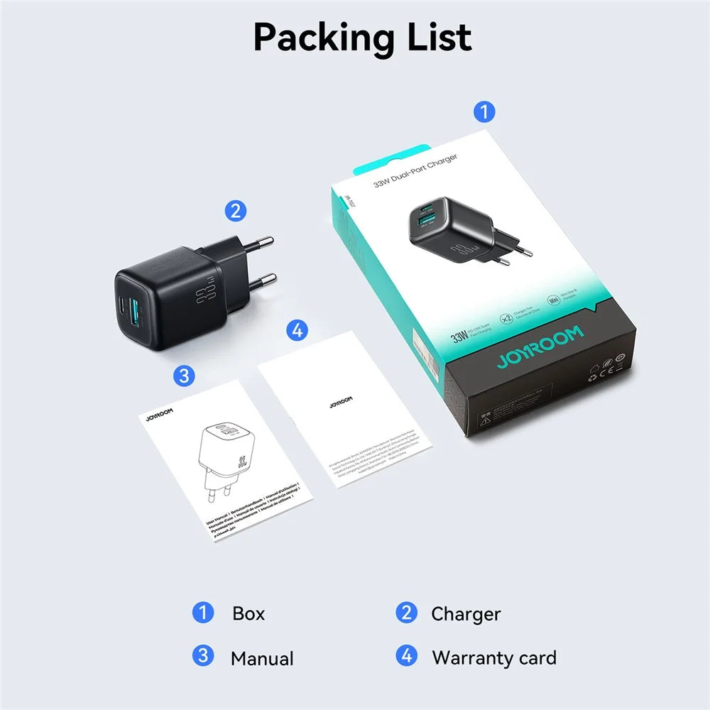 JOYROOM JR-TG7 PD QC3.0 30W Fast Charger USB-C + USB-A Dual Port Power Adapter for Phone Tablet - EU Plug / Black - 7